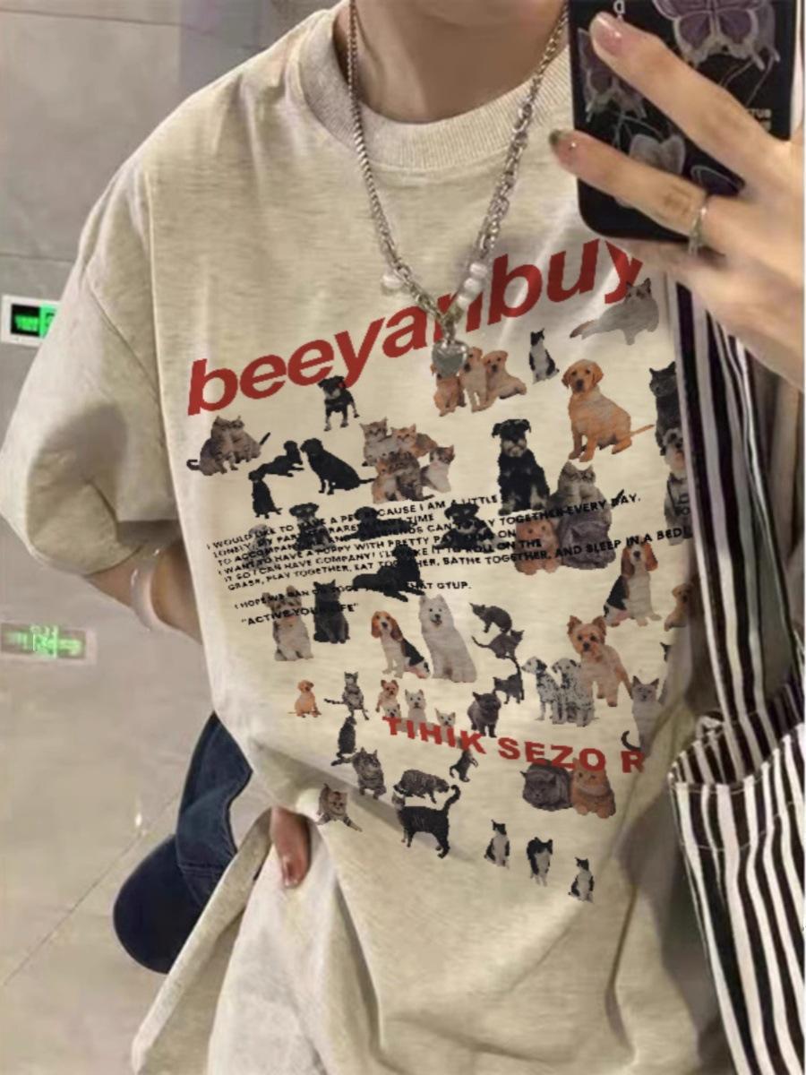 

Футболка с коротким рукавом с мультяшным котом и щенком больших размеров - Женский летний топ свободного стиля в гонконгском шике M (80-100 Jin) хизер серый