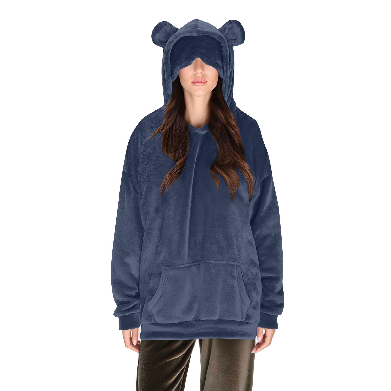 

Женская удобная пушистая толстовка с капюшоном и длинными рукавами с маской для глаз XXL тёмно-синий