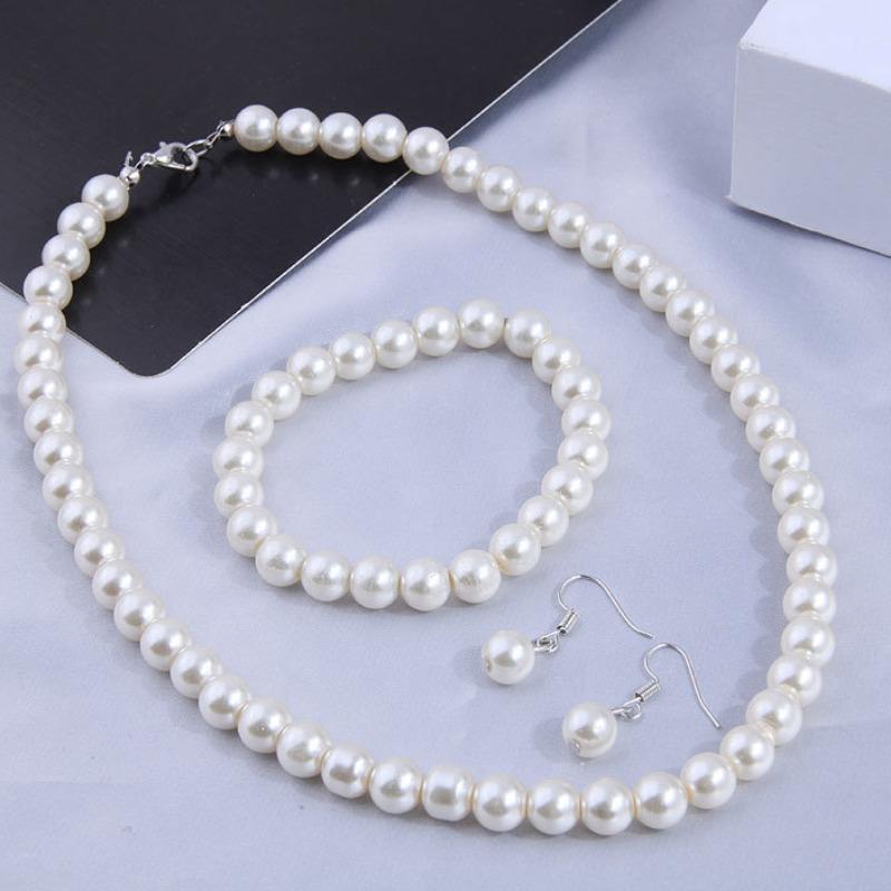 3-Piece Faux Pearl Jewelry Set - Elegant Beaded Necklace, Bracelet & Earrings - Ideal for Parties & Gifts