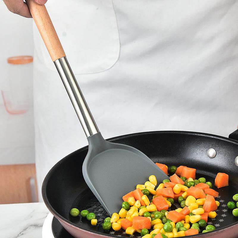 Silikon-Küchenutensilien-Set: 3-teiliger Holzgriff - Spatel, Bratspatel, Schöpfkelle und Schaumlöffel