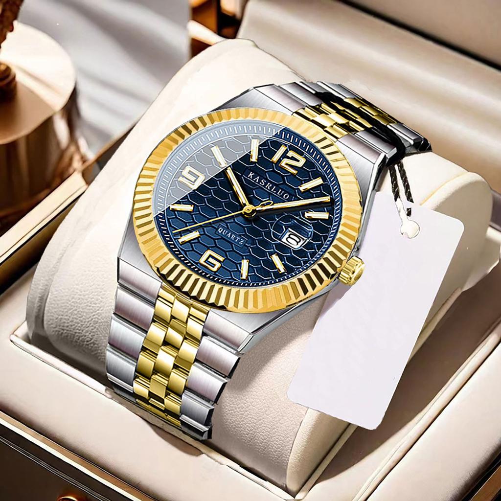 Men'S Watch Stainless Steel Waterproof Non-Mechanical Luminous Calendar Fashion Steel Belt Quartz Watch