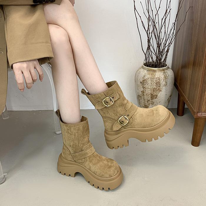 Super Feuer Gürtelschnalle Martin Stiefel Damen 2025 Frühherbst Neu Retro Dicksohlige Maillard Western Cowboy Mittelhohe Stiefel