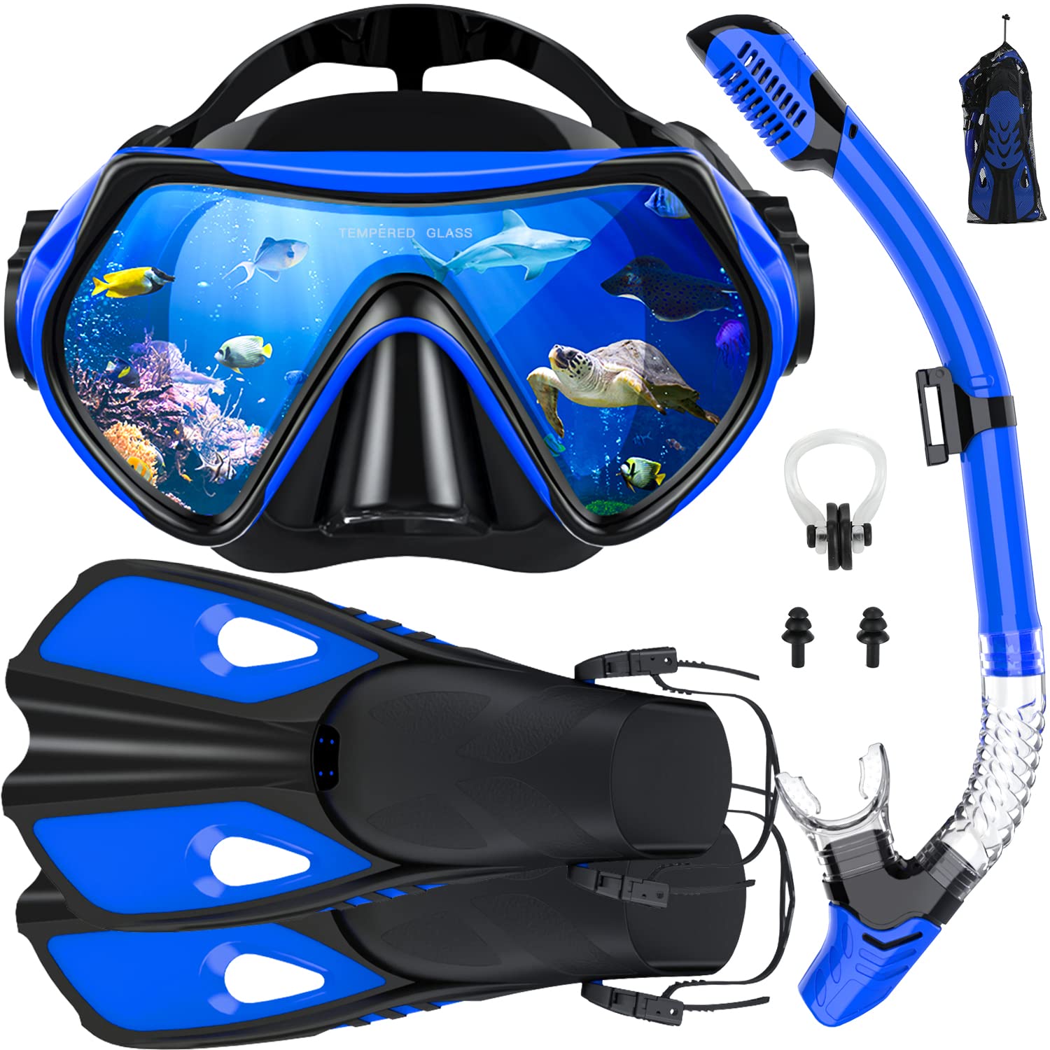 

EMSIC Набор для снорклинга Трубка для снорклинга Сухая трубка Широкое поле обзора Закаленное стекло Очки для дайвинга Водонепроницаемые Ударопрочные Устойчивые к давлению Подходящая трубка синий