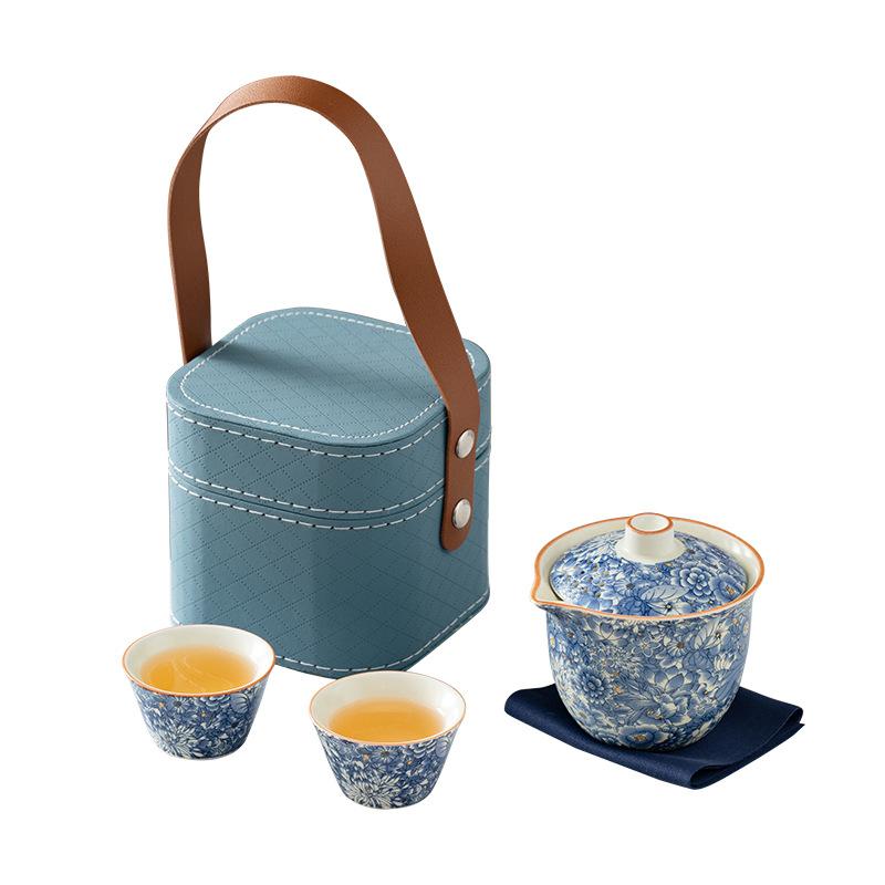 Ru Kiln Flower Travel Tea Set Business Gifts Travel Tea Set Kuaike Cup One Pot Three Cups Portable Cover Bowl Small Set