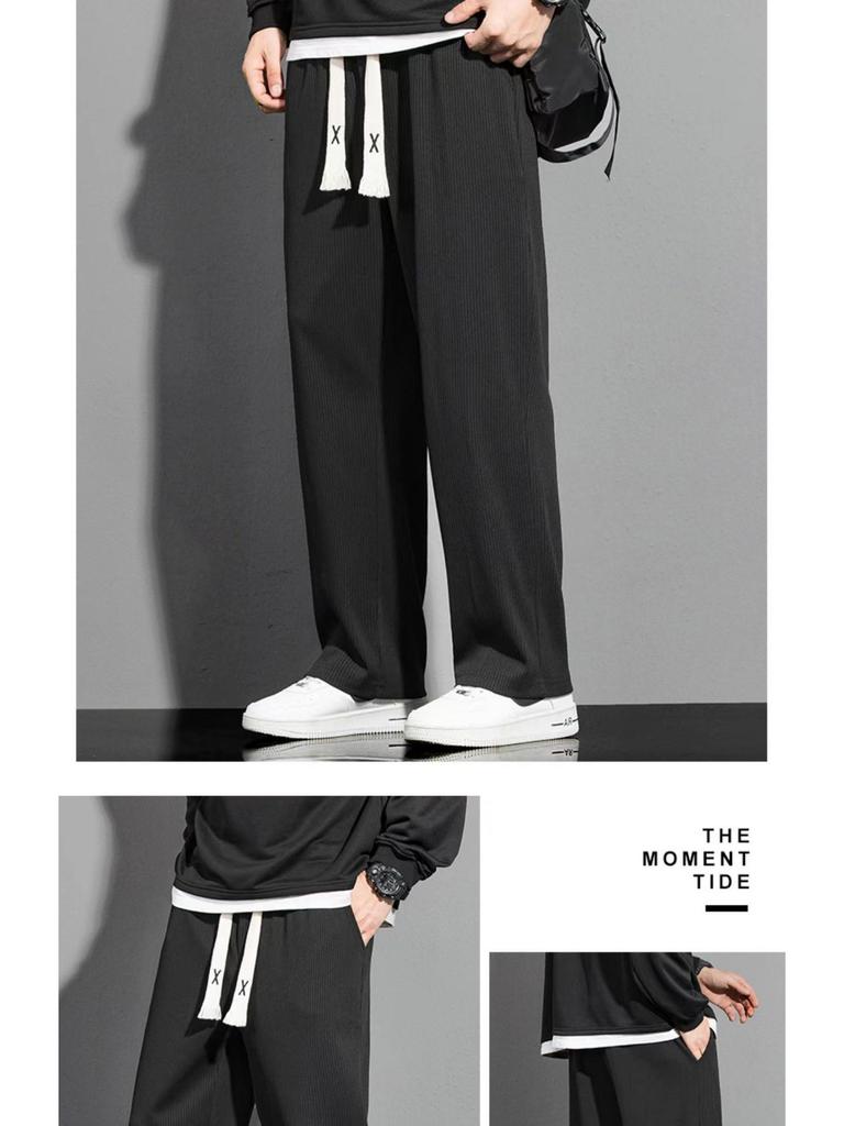 Men's Trendy Summer Ice Silk Wide-Leg Pants - Casual, Solid Color, Plus Size, Straight-Leg Sports Style