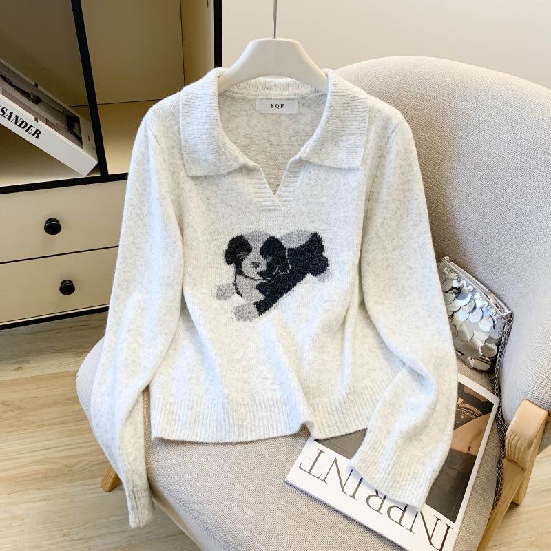 2026 Large Korean Chic Cartoon POLO Collar Loose Knit Sweater for Women