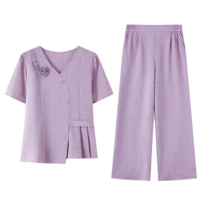 Elegant Summer Floral 3D Suit: Casual Top & Elastic Waist Trousers for Middle-Aged and Elderly Women
