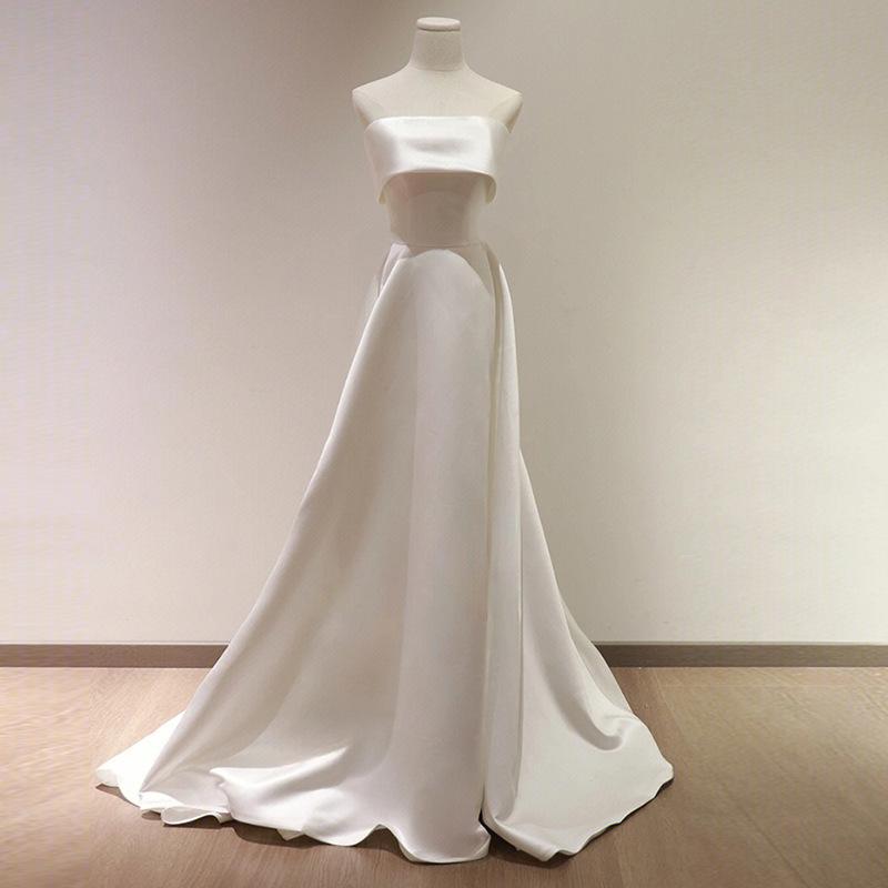 Tube Top Light Wedding Dress Simple Satin Wedding Main Dress Bride Appreciation Banquet Welcome Door Dress White Small Trailing Dress