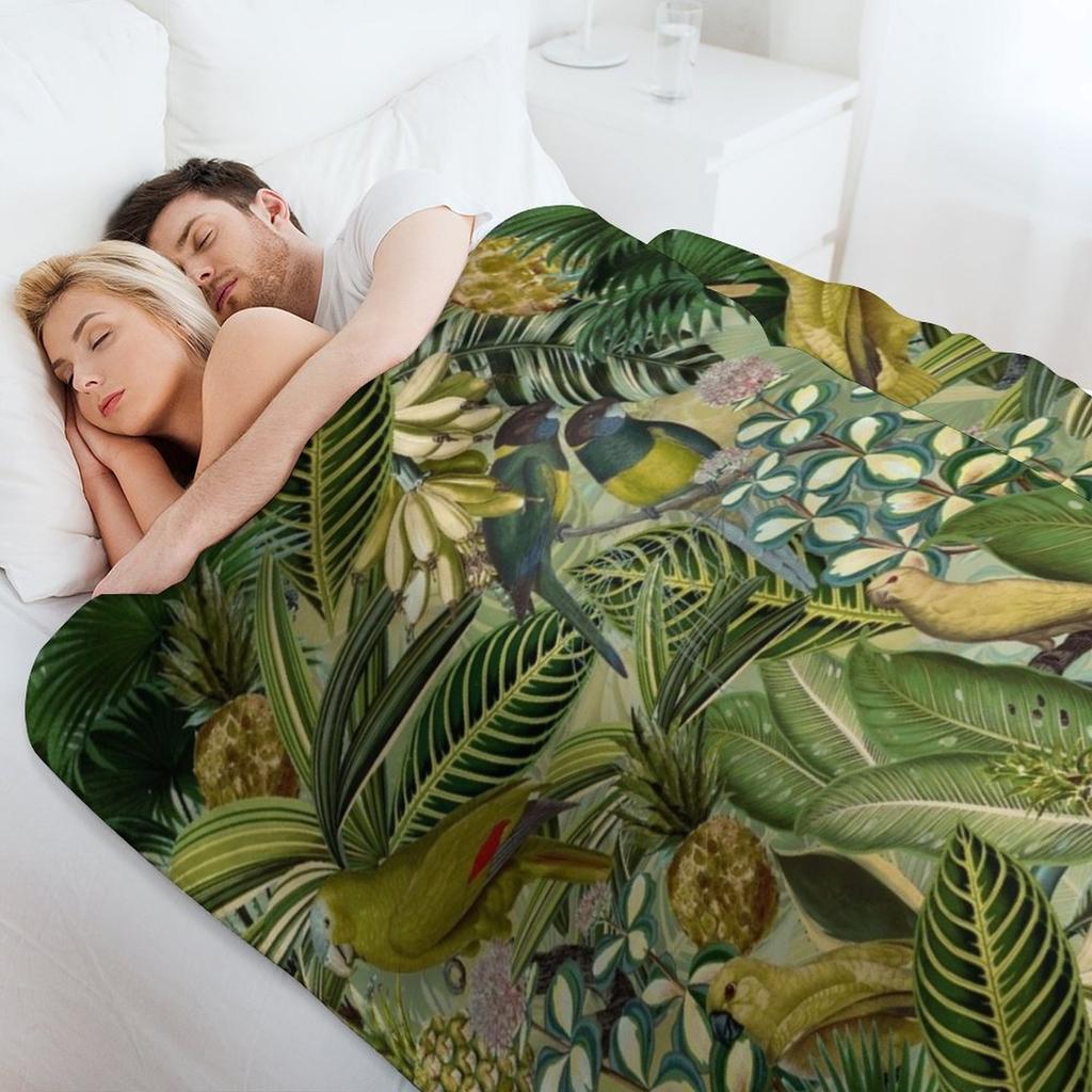 Vintage Green Tropical Bird Jungle Botanical Night Garden Nightgarden Throw Blanket Faux Fur Soft Warm Blanket for Bed