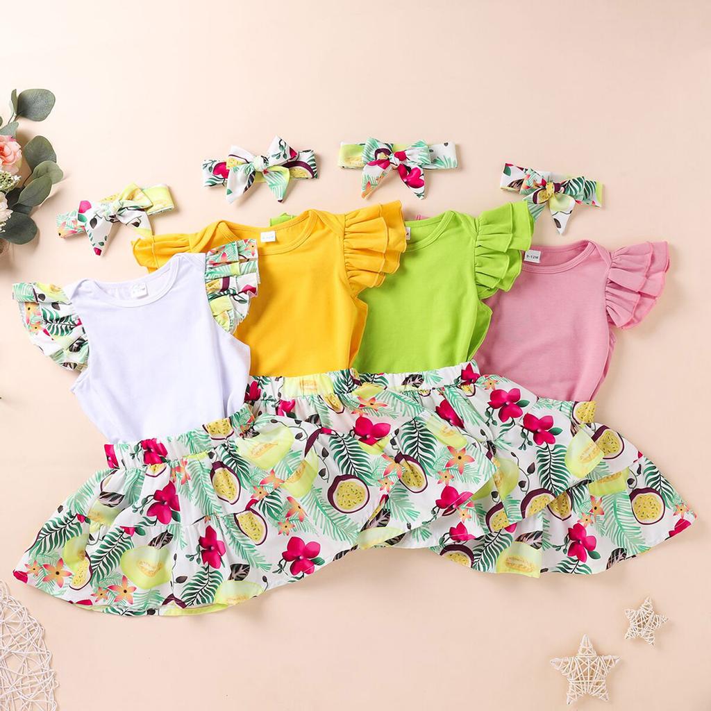 Newborn Infant Baby Girls Fly Sleeve Romper Floral Skirt Hairband Outfits Sets