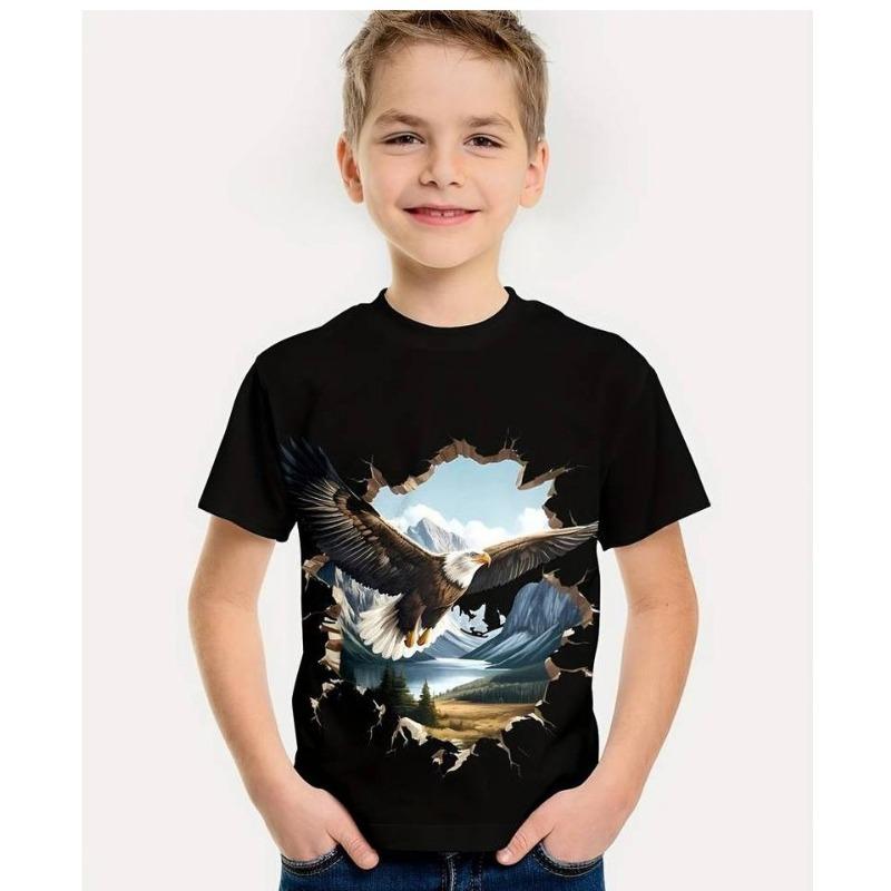 Summer Round Neck 3D Eagle Pattern Printed Top Fashionable Casual Short Sleeved Children's Boy T-shirts