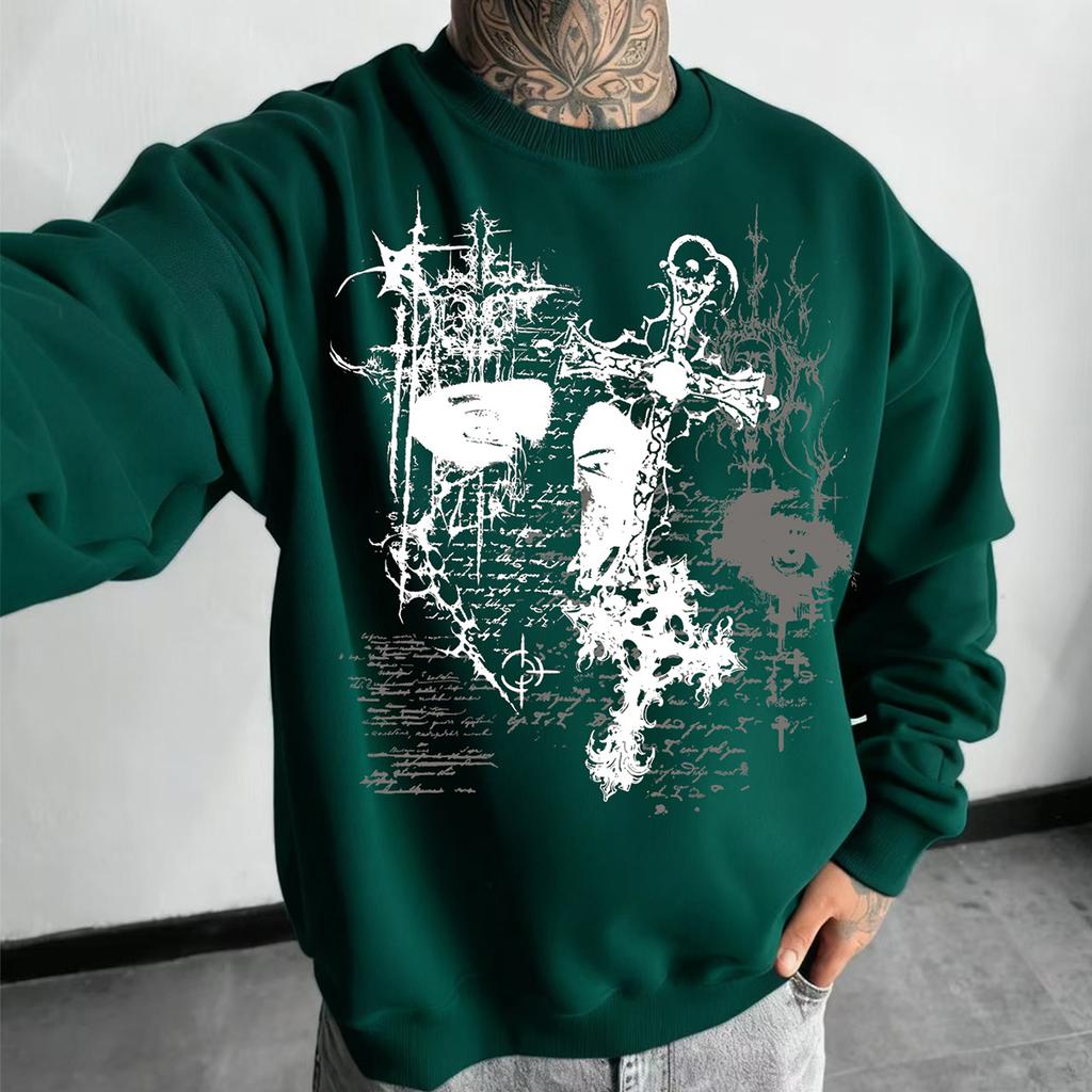 Thorn Cross Dark Fashion Style Men's Oversized Round-Neck Long-Sleeve Sweatshirt, Trendy Fashion Pullover