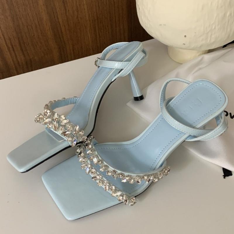 Fashion Luxury Rhinestone Ankle Strap Women Sandals High Quality Square Toe Buckle Thin Heel Slide Sandals Fashion Comfort Banquet Shoes