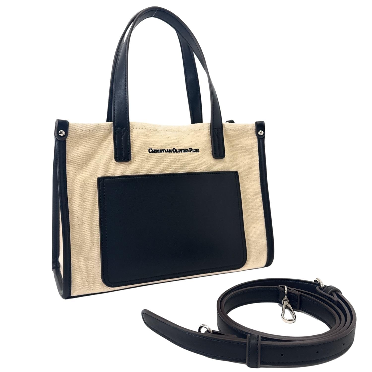 

CHRISTIAN OLIVIER PLUS Canvas 2-Way Tote Bag, Water-Repellent, with 7-Adjustable Shoulder Strap, 20.5 x 27.5 x 12cm, Beige (Black)