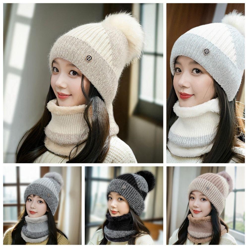 Elastic Winter Pullover Cap Plush Ball Beanie Hat Dome Hat Cap and Scarf Suit  Gifts