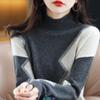 Women's Intarsia Color Block 100% Pure Wool Sweater, Long Sleeve Half-High Neck Loose Fit Pullover with Cashmere Knit, Perfect for Autumn/Winter.