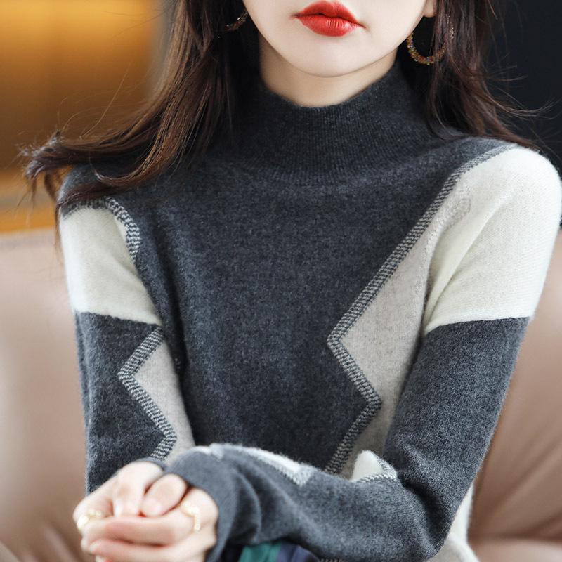 Women's Intarsia Color Block 100% Pure Wool Sweater, Long Sleeve Half-High Neck Loose Fit Pullover with Cashmere Knit, Perfect for Autumn/Winter.