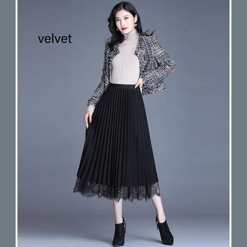 Beidseitig tragbar Goldener Samtgarn Bedruckter Spitzrock Damen Midilänge Elastischer Bund Plissee-Rock Schule Arbeit Reise