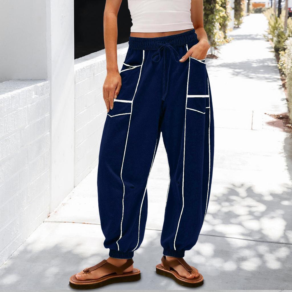 Women's Sanitary Pants, Wide Leg Pants, High Waist, Leg Cinching, Patchwork Pockets, Casual Pants