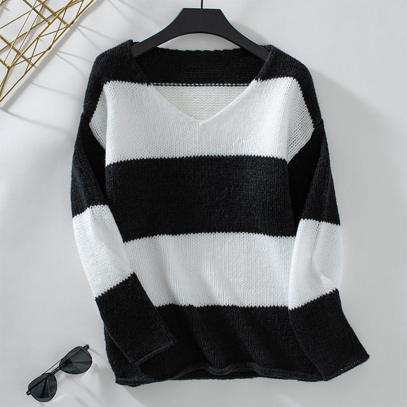 New Autumn and Winter Casual Sweaters European and American Contrast Striped V-neck Off-shoulder Sweaters for Women