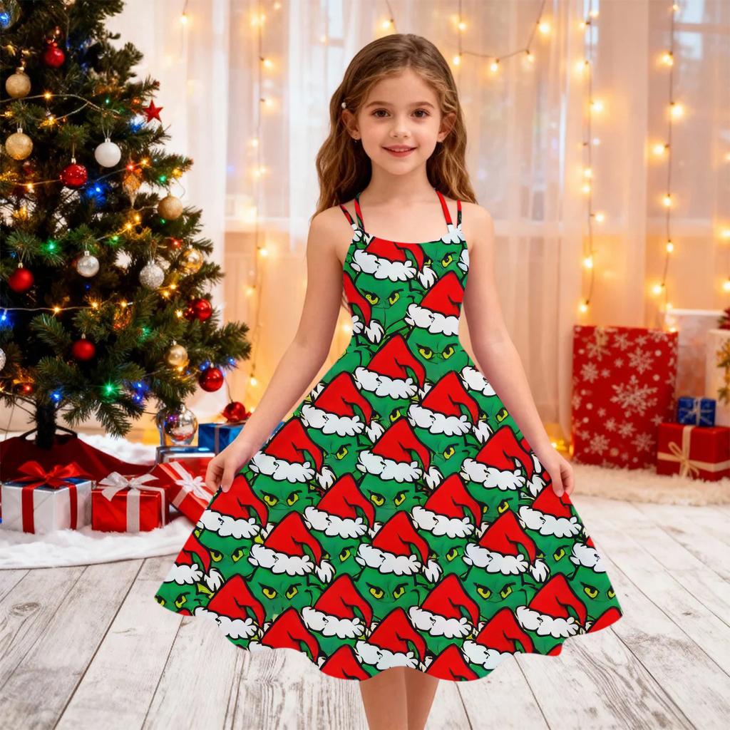 Children's Fashion Casual Christmas Print Off-Shoulder Punk Vintage Dress