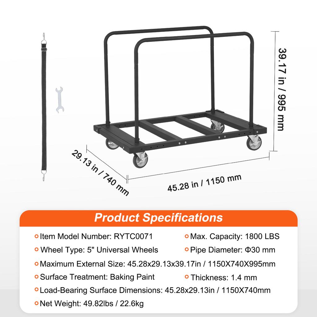 SucceBuy 1800LBS Drywall Sheet Cart Panel Dolly Cart with Deck & 5" Swivel Wheels Handling Sheetrock Lumber for Garage Warehouse