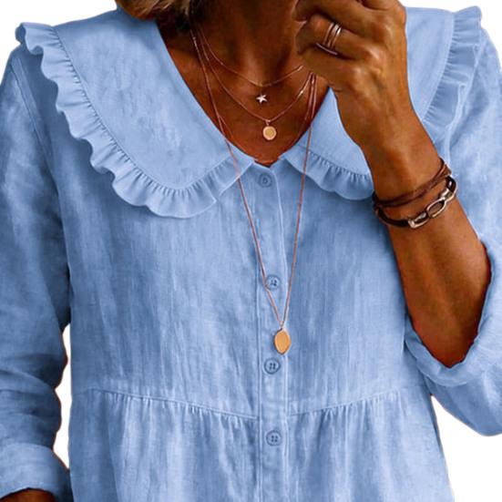 Women Shirt Ruffled Large Lapel Long Sleeve Buttons Placket Shirt Tops Pure Color Loose Fit Mid-Length Hem Casual Tops