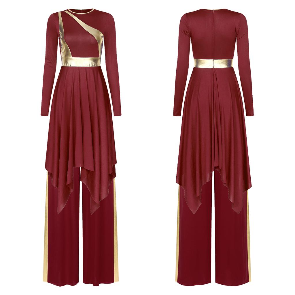 Women's Worship Dance Costume S-XXL: Round Neck Long Sleeve Metallic Shiny Patchwork Irregular Dress with Wide-Leg Pants for Church Performance