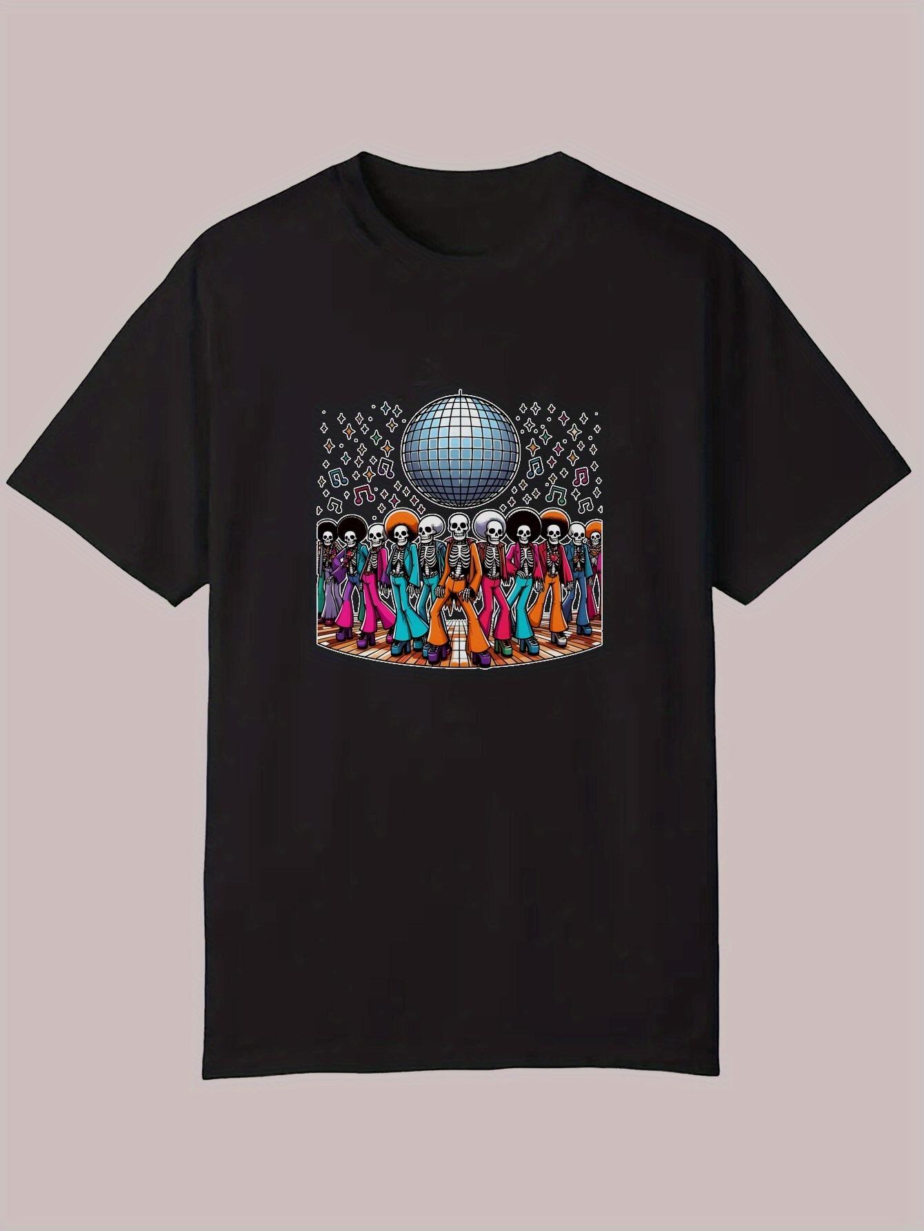 Vibrant Cosmic T-shirt - Black Polyester Crew Neck with Colorful Space-Themed Design S