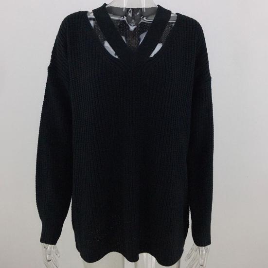 Dámský svetr s výřezy volný ležérní jednobarevný s výstřihem do V podzimní svetr pro každodenní nošení