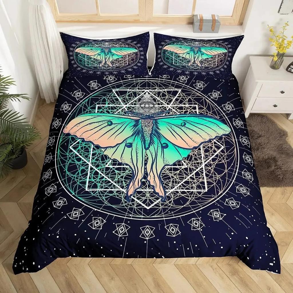 Boho Gothic Skull Bedding Set Death Moth Duvet Cover Set King Queen Full Twin Size Galaxy Sun And Moon Polyester Comforter Cover