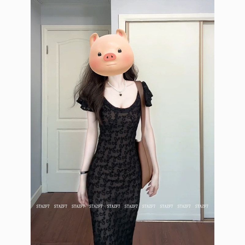 

Youmeizi Stazf7 Plus Size Ladies French Pure Desire Flying Sleeve Dress Female Summer Elegance Retro Black Waist-Slimming Long Dress Dress M