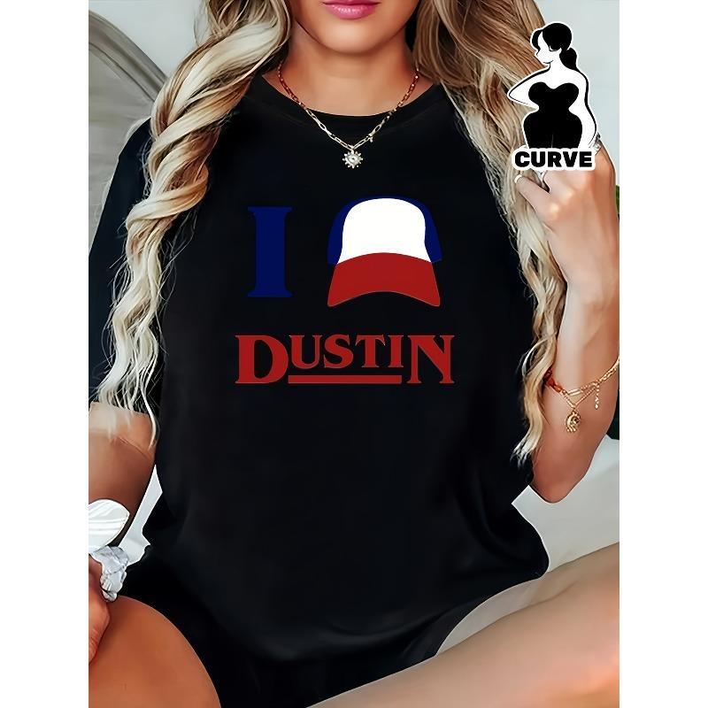 

Plus Size, Plus-size T-shirt, I Love Dustin, Dustin Fashion Print, Black Short-sleeve Round-neck Printed T-shirt - Machine Washable, Casual Style, S чёрный