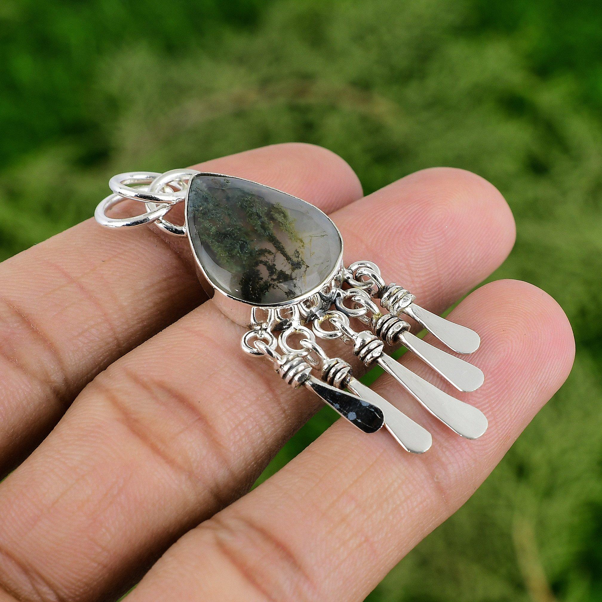 

День дочерей Сделка Груша Солнечный Моховой Агат Камень Стерлинговое Серебро Подвеска Ювелирные Изделия