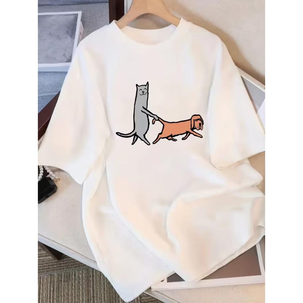 Cute Dog Print Crewneck Short Sleeve Unisex Cotton Graphic T-shirt with Playful Cartoon Pet Design for Animal Lovers