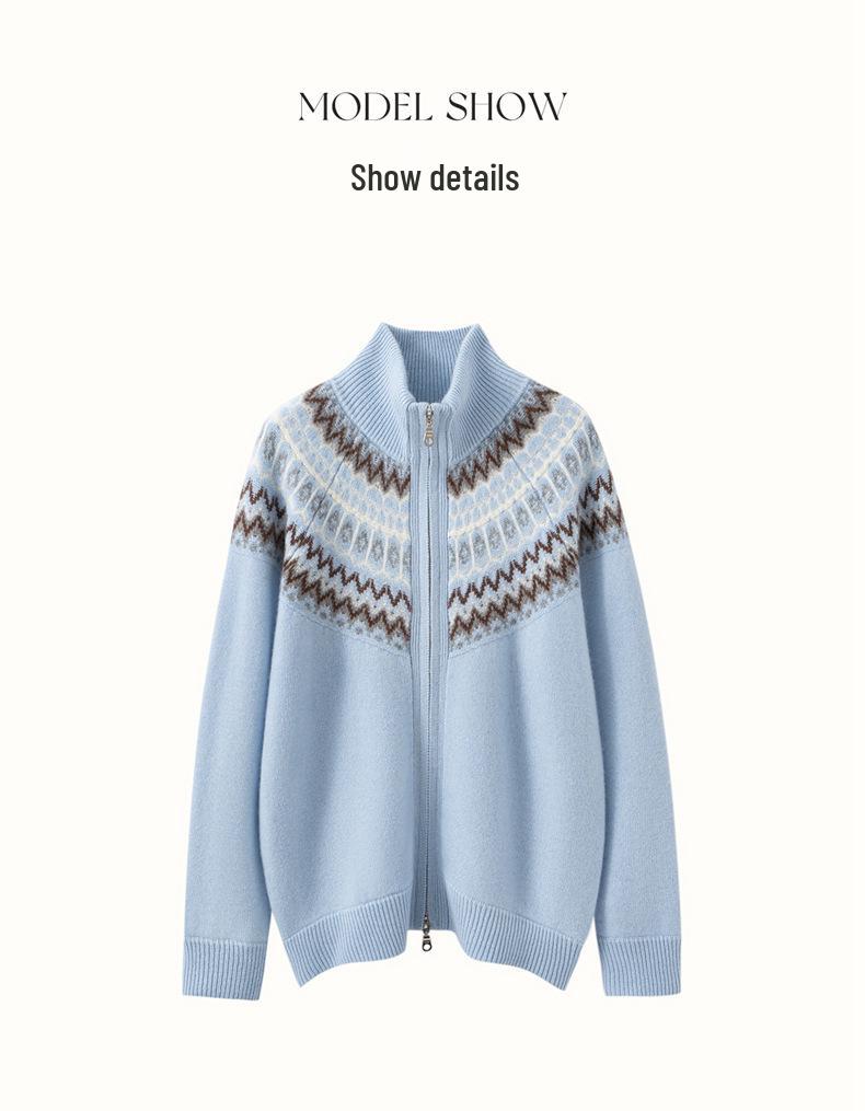 Fair Isle Jacquard Women's Color Block Cashmere Cardigan - 2025 Autumn/Winter Lapel Zipper Jacket
