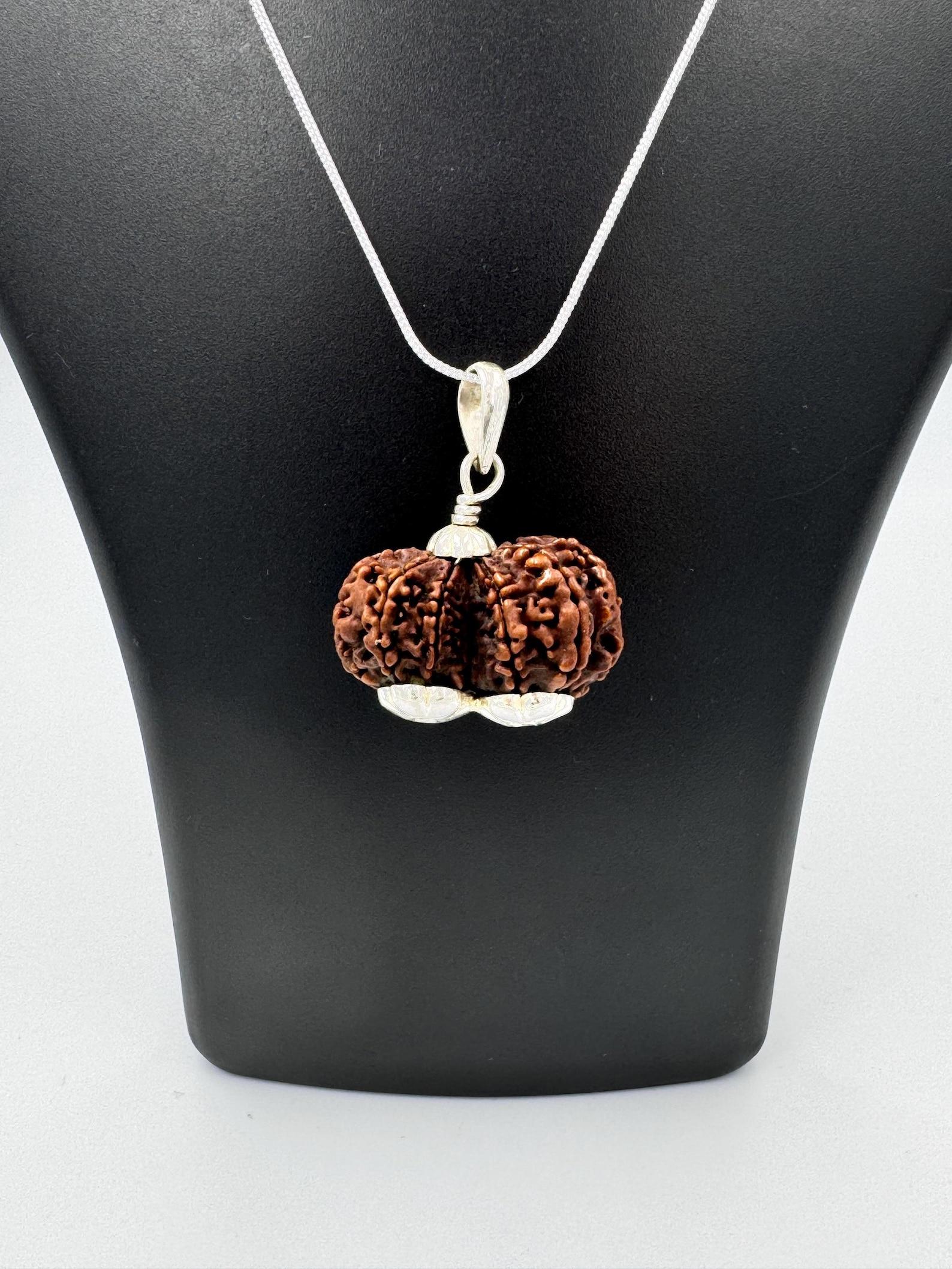 

Certified Nepali Gauri Shankar Rudraksha 925 Silver Pendant: Spiritual Amulet коричневий