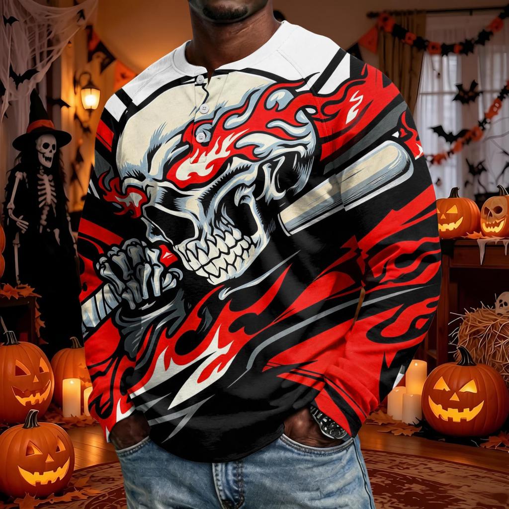 Men's Long Sleeve Shirt Loose Fit Casual Top for Halloween and Everyday Wear