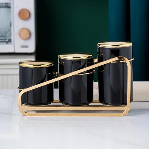 3 PCS Ceramic Airtight Jar Kitchen Canister Sets Cereal Dispenser Spice Organizer Rack Jars with Lid Food Storage Containers