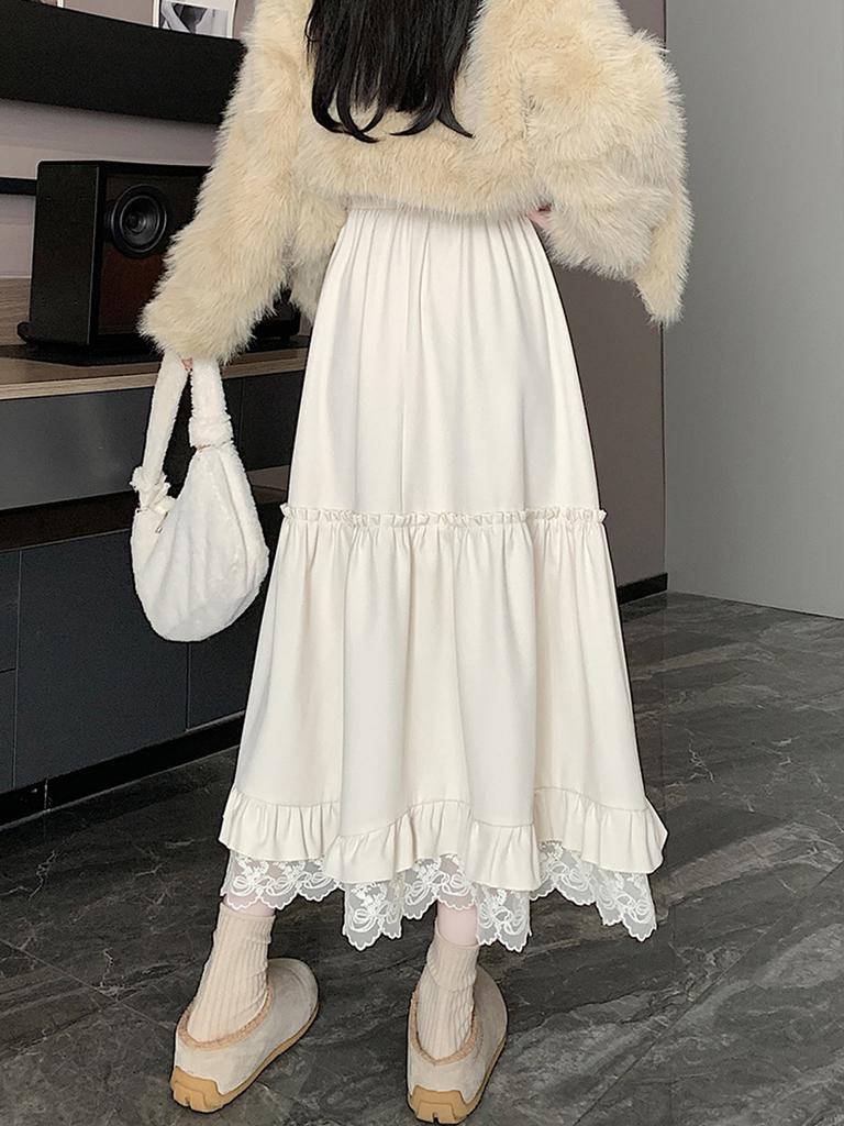 Lace Spliced Midi Skirts for Women High Waist Sweet Vintage A-line Cake Skirt Fashion Clothing Spring Autumn