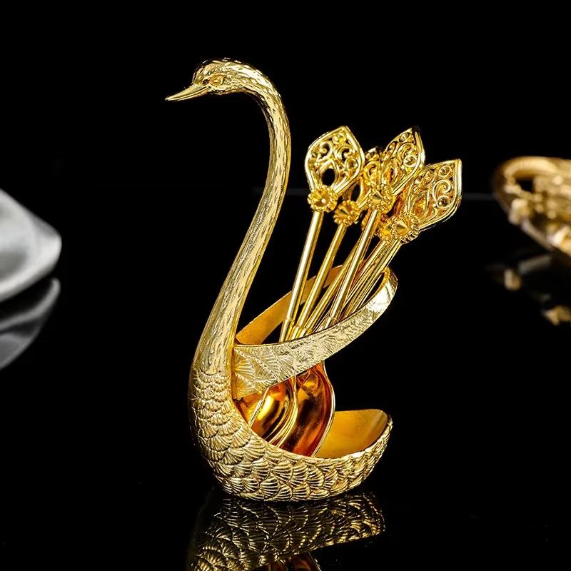 Elegant Metal Swan Spoon Set With Stand Tableware For Fruit Dessert Coffee Home Decoration Practical Cutlery Set For Daily