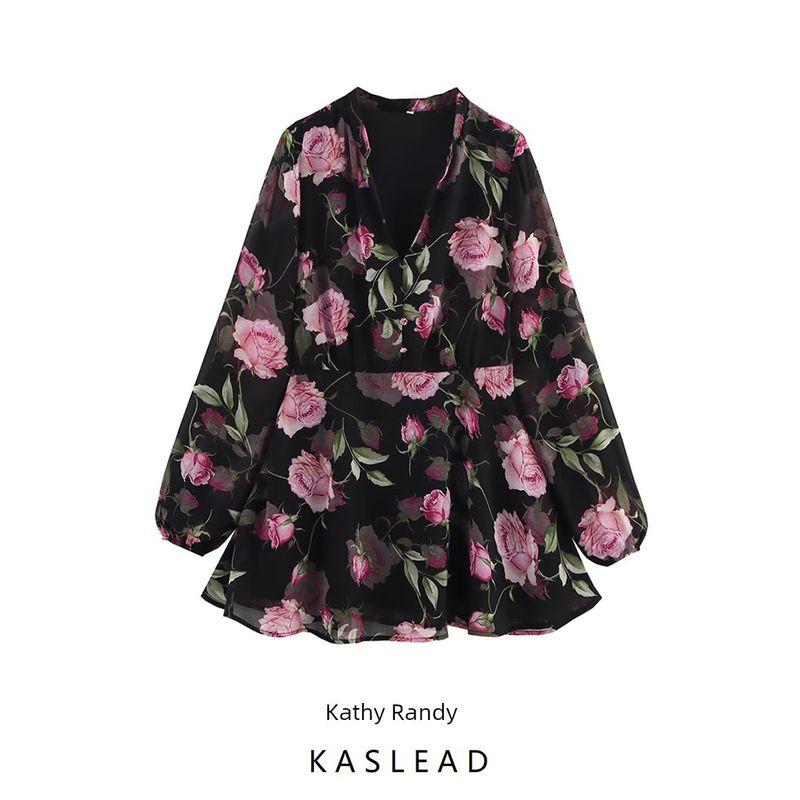 Kaslead New Arrival Women's Clothing Fashion Style Fashion Chiffon Florals Printed V-neck Waist-Tight Puff Sleeve Dress
