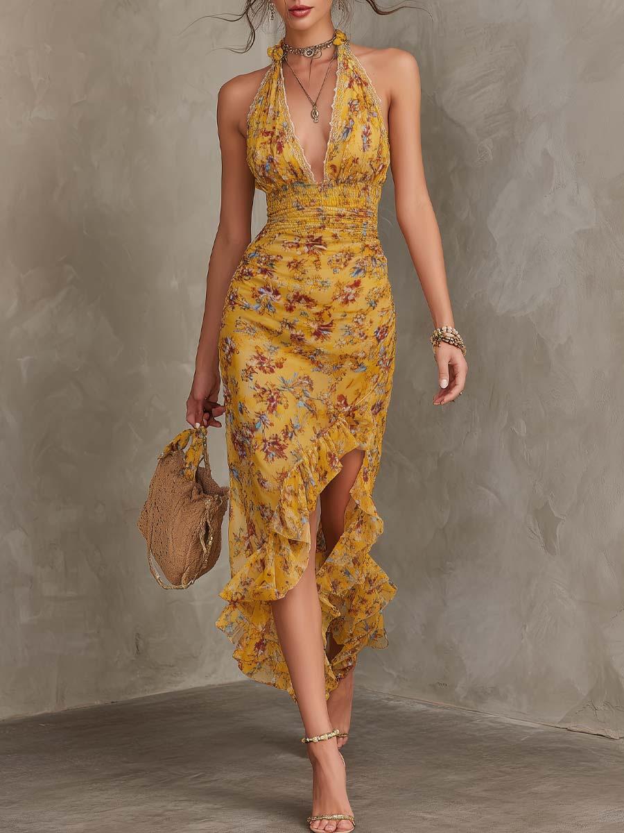 2026 summer European and American style neck deep v-neck hot sale new elegant waist printing high split dress XS