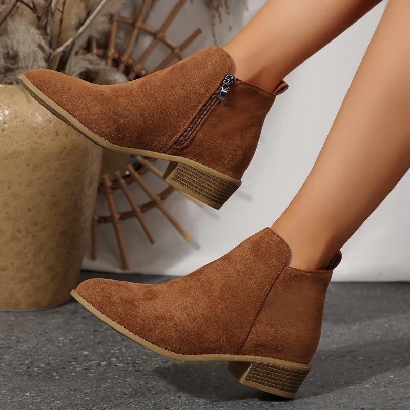 Plus-size Shoes and Ankle Boots, Pointed Side Zipper Mid-heel Chunky-heeled