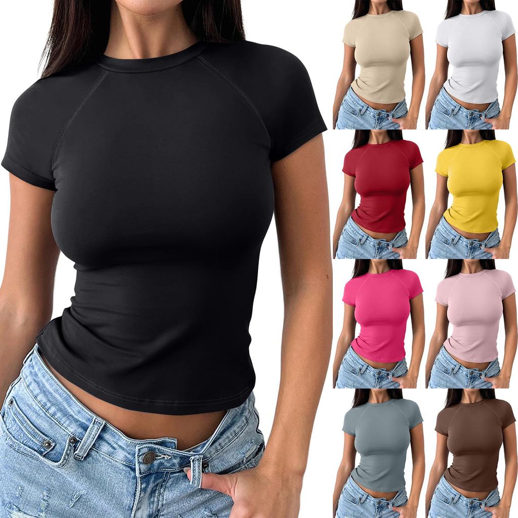 Women's Fashion Casual Slim Fit Raglan Short Sleeve Bottoming Shirt Outerwear Top