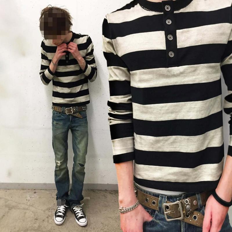 Top de Calle Retro a Rayas con Estampado Oscuro Personalizado Y2K Europeo y Americano, Cuello Redondo, Botones, Manga Larga, Tendencia