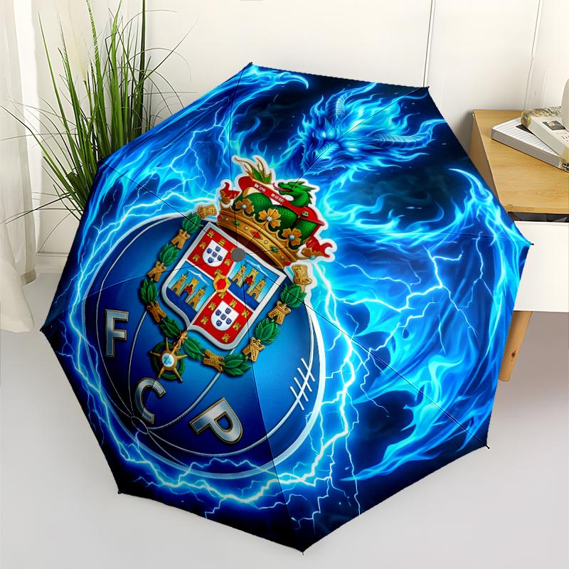 FC Porto LOGO Print Automatic Umbrella, 8 Rib Iron Frame, Plastic Handle, Suitable for Outdoor Travel &Daily , Ideal Gift