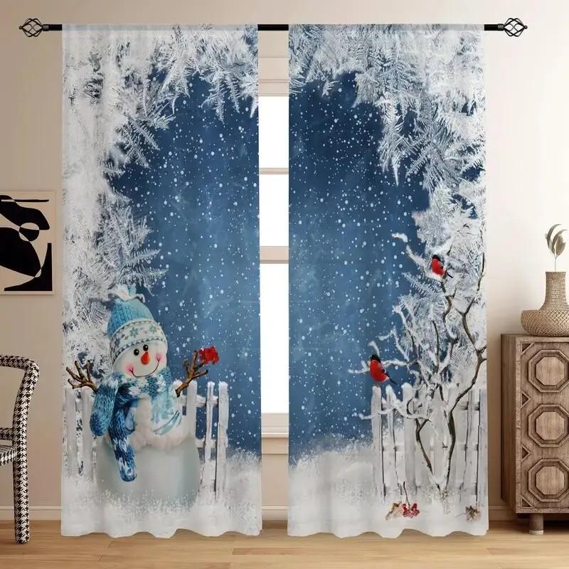 

Set Of 2 Jit Frosty Floral Sheer Curtains Snowman Design Polyester Christmas Window Decor Home Room Darkening Made W100*H70(CM)-Grommet top&2PCS
