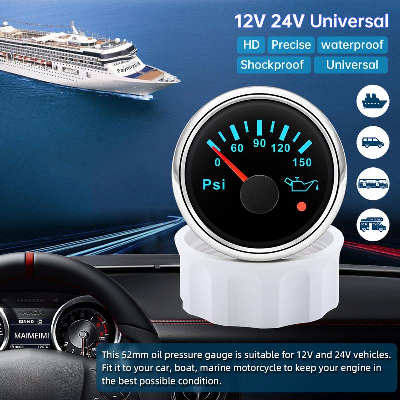 Wasserdichter Auto 2"52mm Öldruckanzeige+Sensor 7 Farben LED 0~150PSI Öldruckmesser mit Blitzalarm Boot Yacht 12V24V