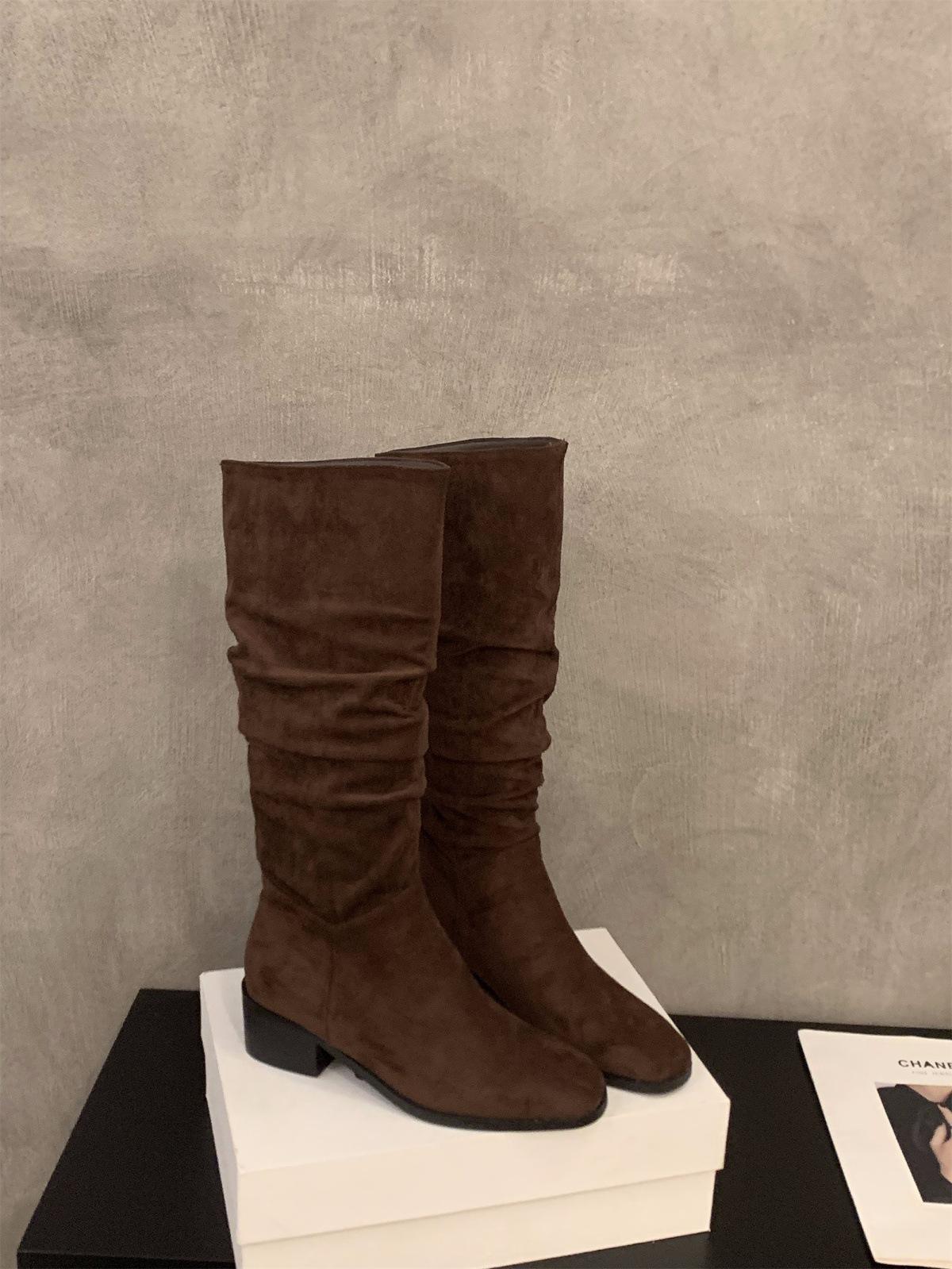 

High-heeled boots Square head medium tube knight boots women s shoes 2025 new spring, autumn and winter stacking boots Long tube long boots 40 темно-коричневого кольору